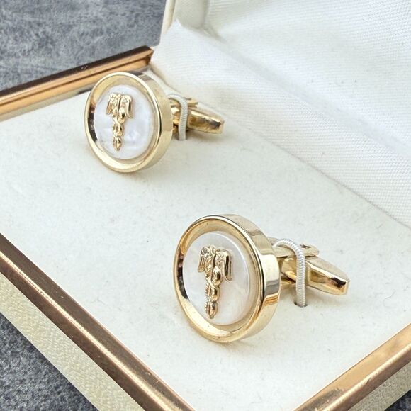 Vintage Foster Caduceus Cufflinks Set Mother of Pearl Gold Tone Medical with Box - Picture 1 of 11